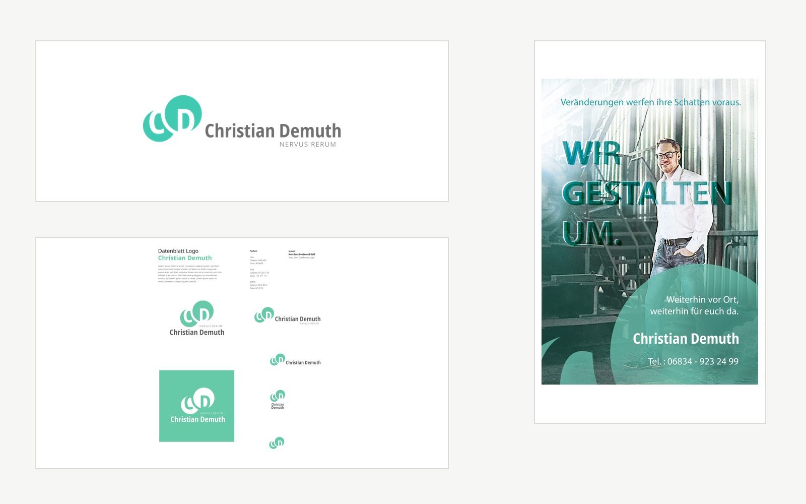 Übersicht des Christian-Demuth-Logodesigns mit Logo, Datenblatt und Anwendungen