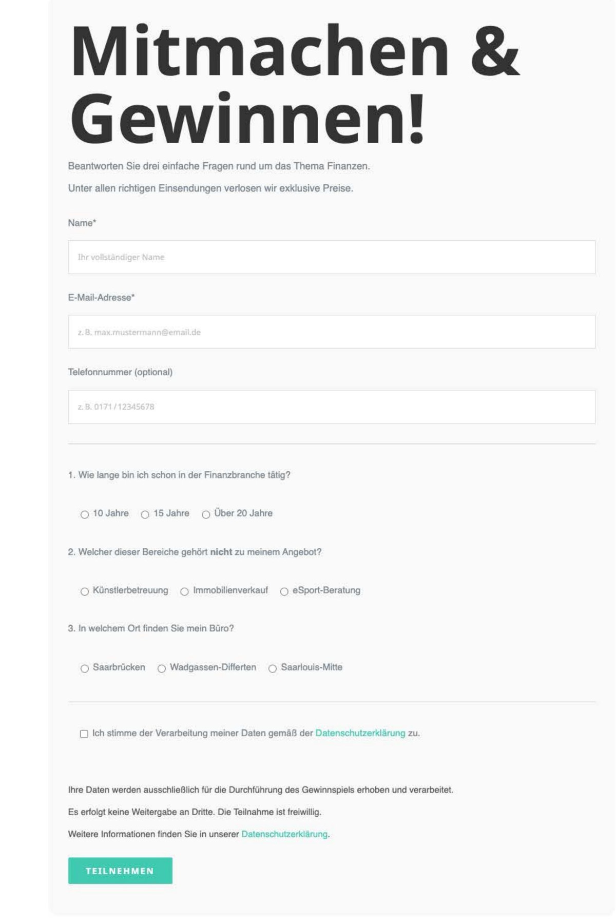 Gewinnspiel- und Kontaktformular für Demuth Finanzberatung